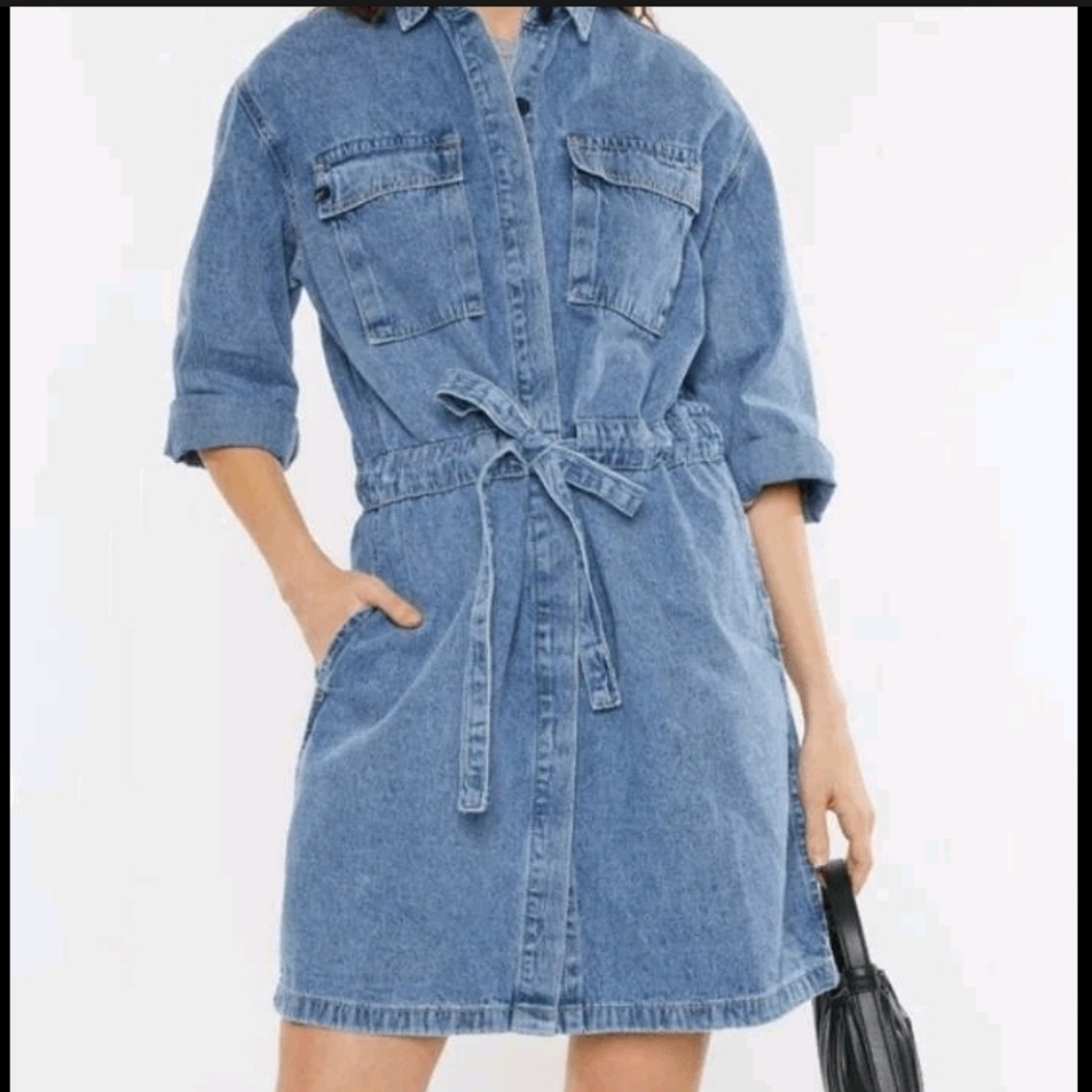 Kancan Virginia Button Down Denim Shirt Dress Belt Pockets Women's XL Blue